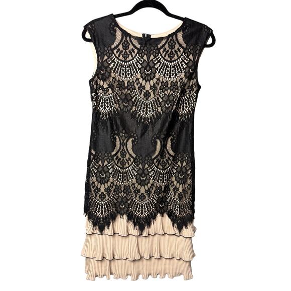 Frank Lyman Knee-Length Dress Lace Overlay Black Cream SZ 4 Luxury LBD Designer - Picture 3 of 9